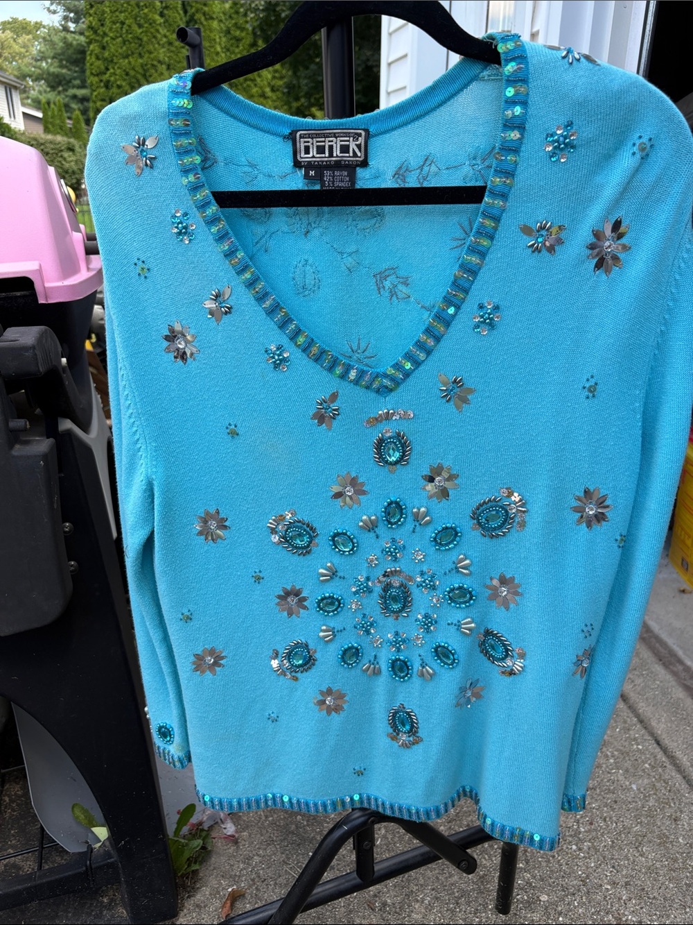 Turquoise Blue Embellished V-Neck Sweater